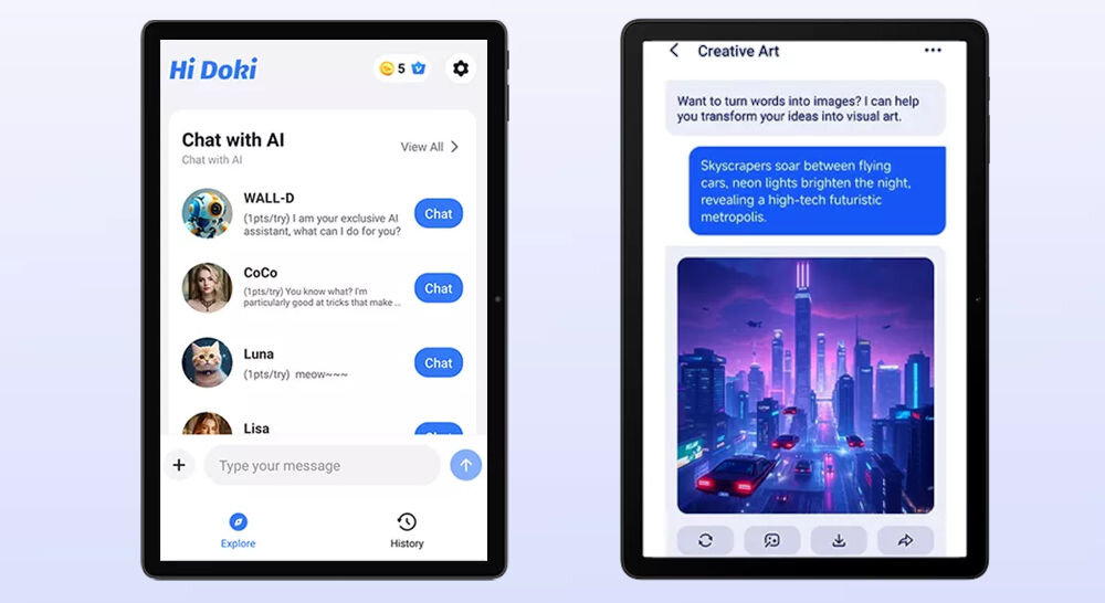 Tablet BLACKVIEW Zeno 1 8 cali 6/256GB LTE Wi-Fi Pomarańczowy Dwa ekrany tabletu demonstrujące funkcje AI: po lewej czat 'Hi Doki', po prawej generator obrazów 'Creative Art' tworzący futurystyczne miasto asystent produktywne działanie ImageX narzędzia do edycji zdjęć osobiste studio