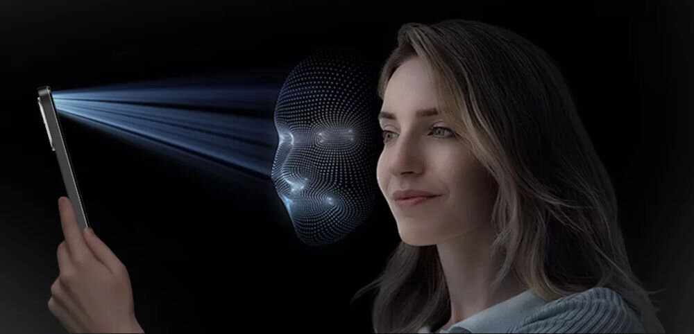 Tablet BLACKVIEW Zeno 1 8 cali 4/64GB LTE Wi-Fi Zielony Kobieta odblokowująca tablet Blackview za pomocą funkcji rozpoznawania twarzy, co symbolizują linie skanujące Face Unlock rozpoznawanie twarzy szybki dostęp do urządzenia oszczędność czasu