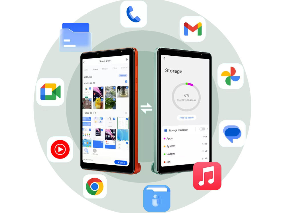 Tablet BLACKVIEW Zeno 1 8 cali 4/64GB LTE Wi-Fi Zielony dwa tablety obok siebie znak udostępniania pomiędzy ikony aplikacji dookoła białe tło udostępnianie plików aplikacja Workspace pomoc w organizacji zadań wsparcie produktywności