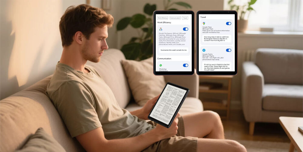 Tablet BLACKVIEW Zeno 1 8 cali 4/64GB LTE Wi-Fi Zielony mężczyzna siedzący na kanapie z tabletem w pokoju lewitujące dwa tablety z otwartymi kartami z zarządzaniem AI Global Smart Control wygodne zarządzanie inteligentne algorytmy automatyzują codzienne czynności