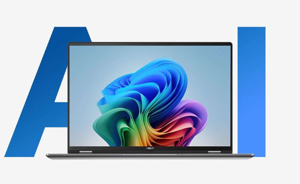 Laptop ASUS VivoBook z funkcjami AI wyświetla kolorową grafikę na ekranie na tle dużego napisu AI w pracy kreatywnej 