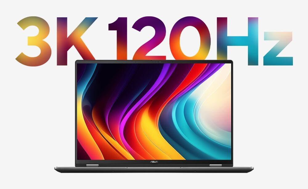 Laptop ASUS VivoBook z ekranem OLED 3K 120 Hz wyświetla kolorową grafikę na jasnym tle podczas pracy kreatywnej 