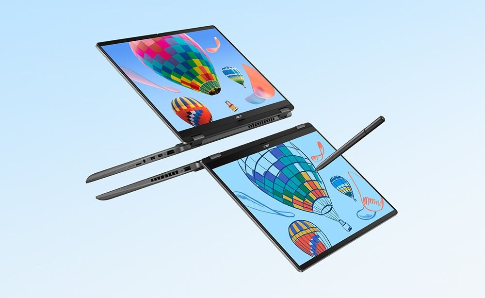 Laptop ASUS VivoBook z obsługą rysika prezentuje tryb tabletu i rysowanie na ekranie podczas pracy kreatywnej  