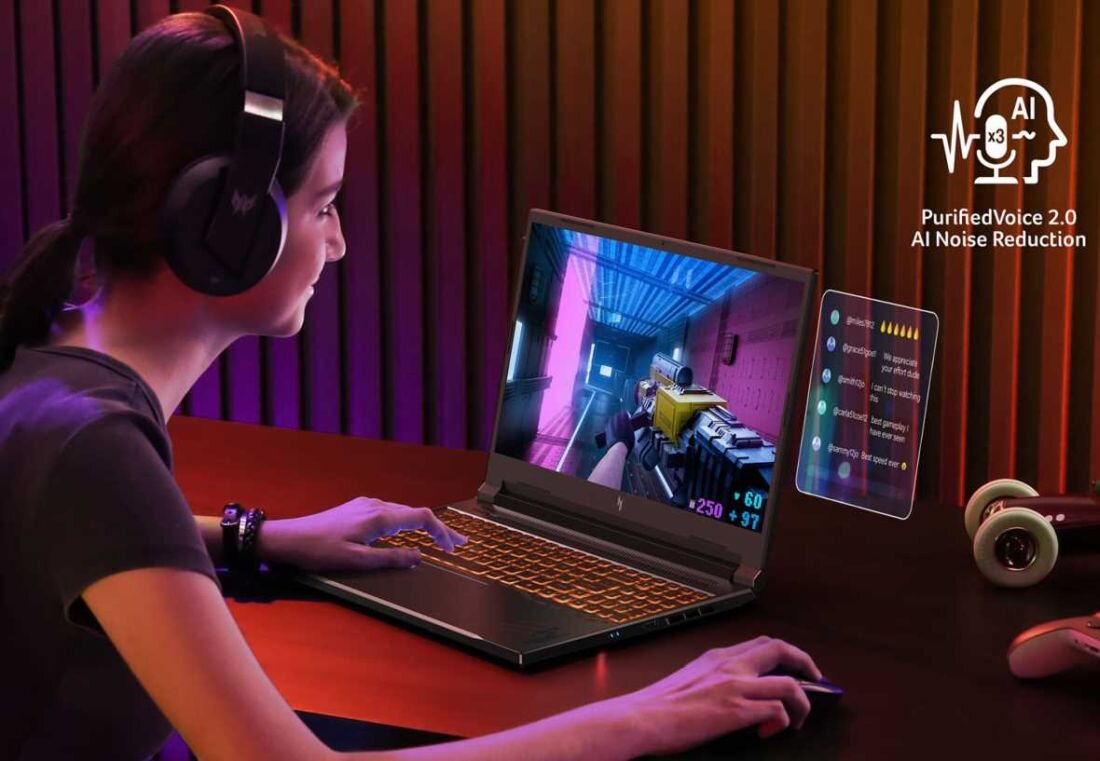 Laptop ACER Nitro V 16 - Kobieta gra w grę wideo na swoim laptopie, skupiona na ekranie i ciesząca się rozgrywką. PurifiedVoice 2.0, AI 