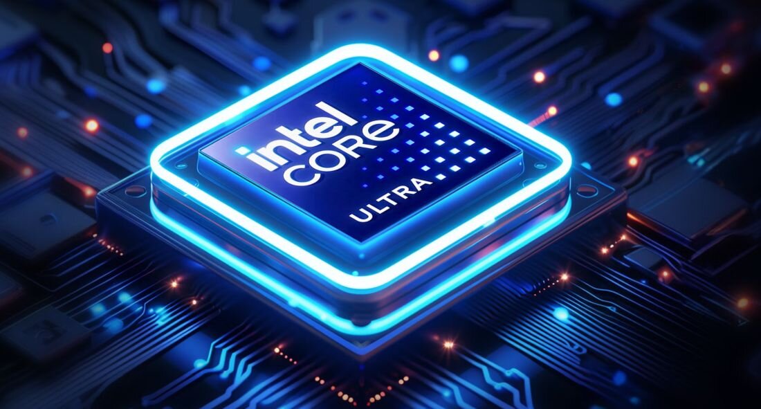 Zbliżenie na procesor Intel Core Ultra z podświetleniem niebieskim neon, symbolizuje najwyższą wydajność, zaawansowane przetwarzanie danych, AI, płyta główna z precyzyjnymi ścieżkami elektronicznymi, idealne dla gamingu i obliczeń wielowątkowych - Intel Core Ultra, Jednostka NPU 