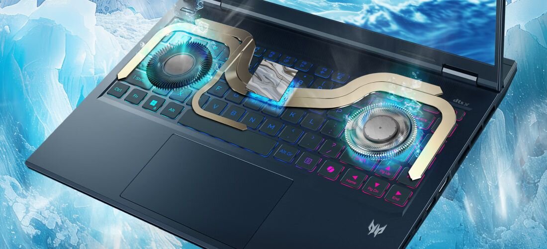 PREDATOR Helios Neo laptop gamingowy z podświetlaną klawiaturą RGB w kolorach niebiesko-fioletowych, widoczny zaawansowany system chłodzenia z dwoma dużymi wentylatorami, efekty lodowych kryształów na tle, dobre rozwiązanie dla graczy wymagających maksymalnego chłodzenia - System chłodzenia, wentylatory AeroBlade 3D 