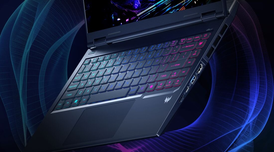 Zbliżenie na podświetlaną klawiaturę RGB laptopa PREDATOR Helios Neo z gradientem od turkusu przez niebieski do fioletu i różowego, logo Predator na touchpadzie, widoczne porty USB-C po prawej stronie, idealne dla gamingu i pracy kreatywnej - Klawiatura z 3-strefowym podświetleniem RGB  