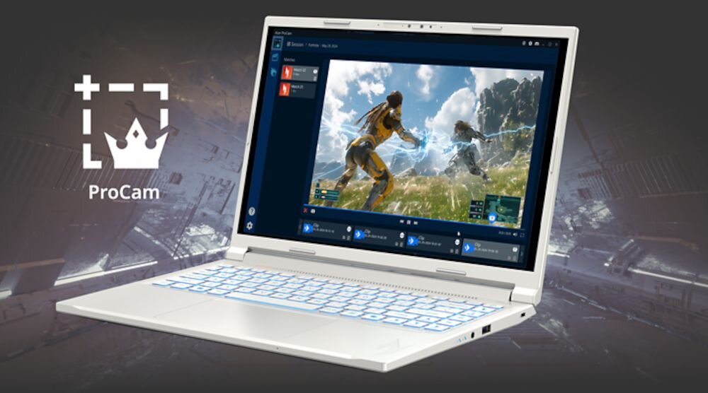 Na obrazie widoczny jest biały laptop z otwartym ekranem, na którym wyświetlana jest gra komputerowa z postaciami w dynamicznej scenerii. Obok laptopa znajduje się logo z napisem \'ProCam\'.