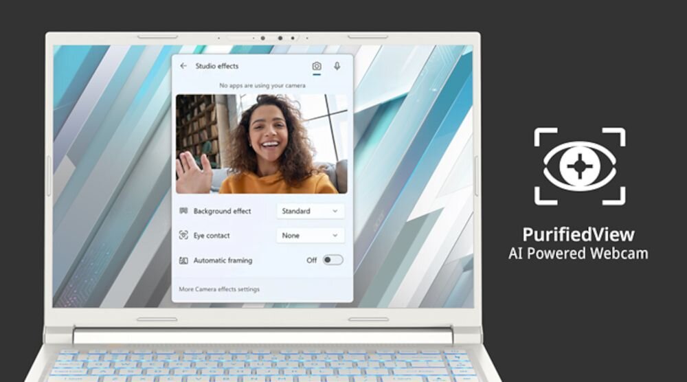 Obraz przedstawia laptop z otwartym ekranem, na którym widoczna jest aplikacja do efektów kamery z osobą machającą ręką. Obok laptopa znajduje się logo z napisem \'PurifiedView AI Powered Webcam\'.