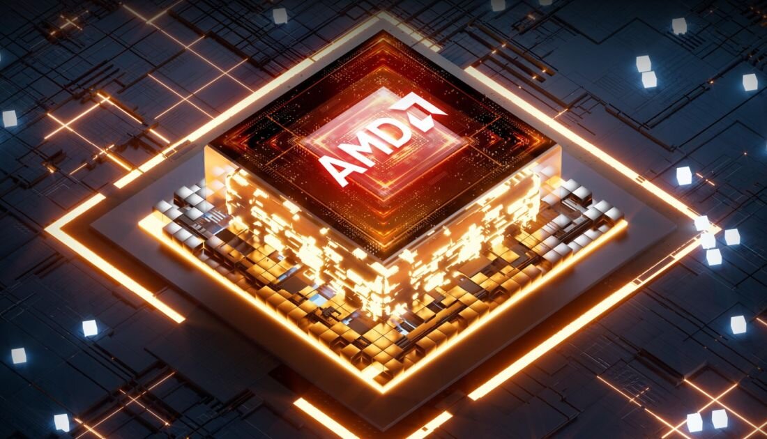 Grafika przedstawiająca podświetlony procesor AMD w technologicznej aranżacji. - AMD Ryzen AI  