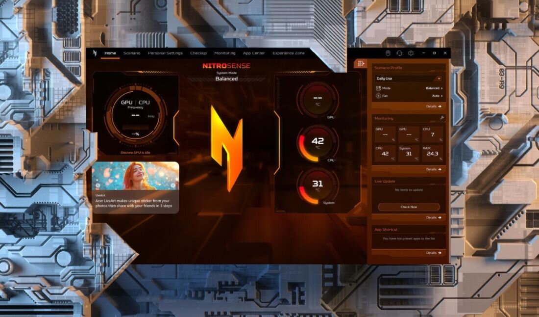 Panel NitroSense wyświetlony na tle futurystycznych elementów technologicznych. - NitroSense Experience Zone 