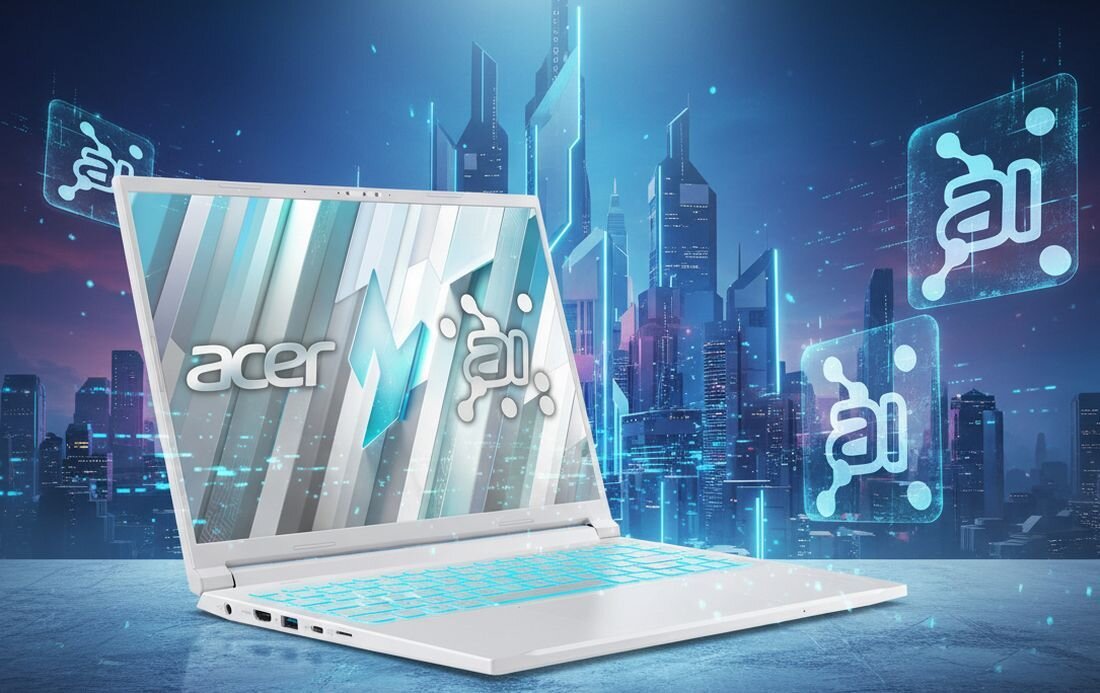 Laptop Acer Nitro w futurystycznej scenerii z podświetlaną klawiaturą i ikonami AI. - Wi‑Fi 6E HDMI USB-A 