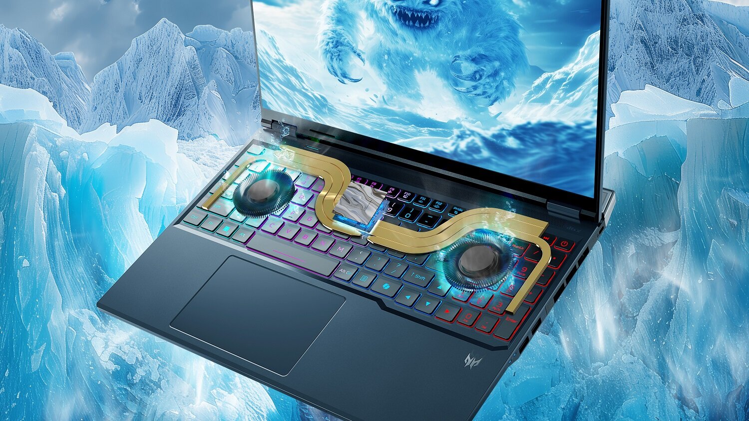 Laptop Predator Helios Neo 16 z podświetlaną klawiaturą RGB, widocznym systemem chłodzenia z dwoma dużymi wentylatorami 3D AeroBlade i rurkami cieplnymi nad klawiaturą, ekran prezentujący lodową scenerię z potworem, tło z lodowcami