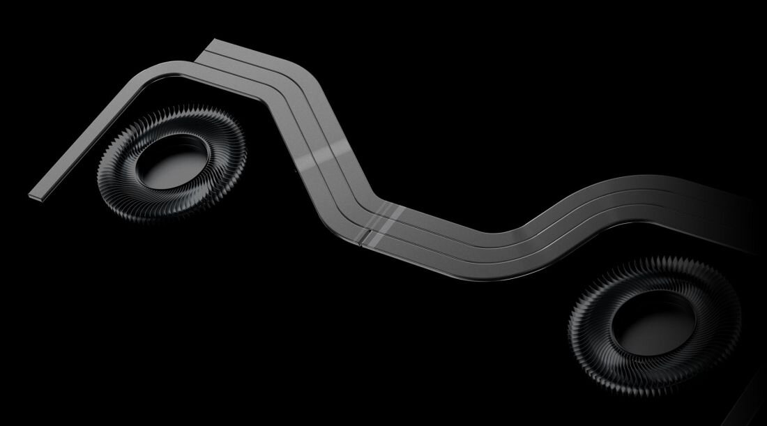 Wizualizacja systemu chłodzenia laptopa ACER Nitro – dwa radiatory i zaawansowane ciepłowody na czarnym tle, przedstawiające optymalne odprowadzanie ciepła i wydajność chłodzenia podczas gamingu - Wektorowe ciepłowody 