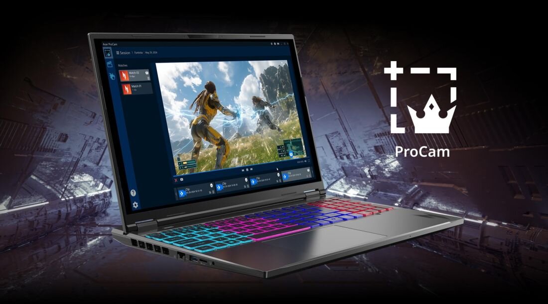 ACER Nitro laptop gamingowy z aktywnym oprogramowaniem Acer ProCam, ekran ukazujący analitykę rozgrywki drużynowej i podświetlaną klawiaturę RGB, rozwiązania ProCam do rejestracji i poprawy streamingu oraz analizy meczów - ACER ProCam  