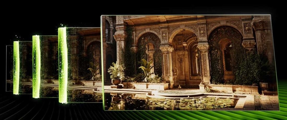 Grafika prezentująca technologię NVIDIA DLSS 4 – porównanie jakości obrazu w grach, wyraźniejsze detale architektury, zielone efekty świetlne na czarnym tle