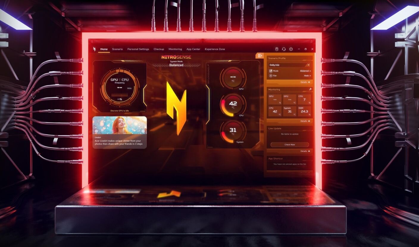 Ekran laptopa gamingowego Acer Nitro z interfejsem NitroSense logo duży żółty symbol N wyświetlacze temperatury GPU 42 stopnie 31 stopni System monitoring CPU wykorzystanie procesora karty graficznej czerwone pomarańczowe wskaźniki gauges tryb Balanced Daily Use panel sterowania wydajnością na ciemnym tle z efektami świetlnymi - NitroSense Experience Zone PurifiedVoice 