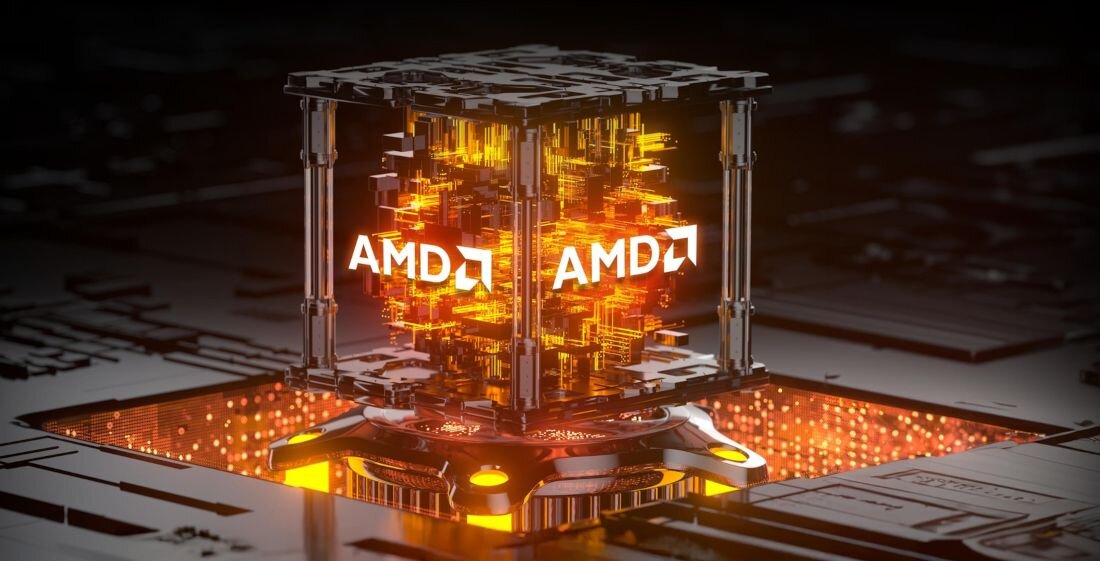 Szklana kostka z logo AMD pomarańczowym światłem wewnątrz i cyfrową architekturą procesorów GPU układów scalonych na rozmytym tle z laptopem Acer Nitro renderowanie 3D technologii AMD Ryzen - AMD Ryzen AI, Dysk SSD Pamięć DDR5 