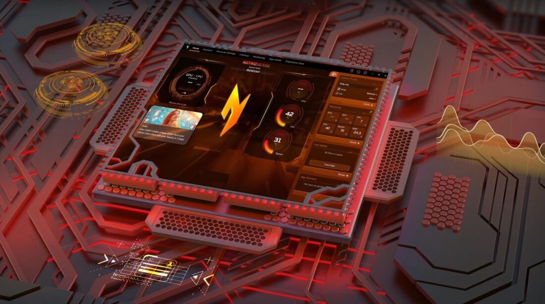 Grafika prezentująca pulpit aplikacji NitroSense na tle płyty głównej ACER Nitro, pokazująca monitorowanie pracy CPU/GPU, zarządzanie temperaturami, prędkością wentylatorów i wydajnością laptopa do gier - Oprogramowanie NitroSense 