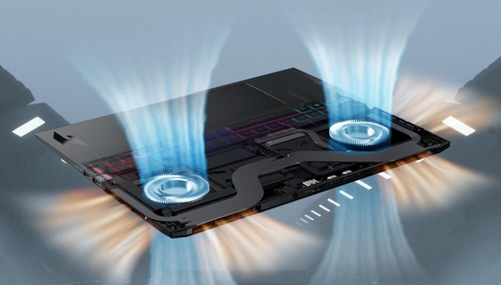 Rozmontowany laptop gamingowy Acer z widocznym systemem chłodzenia dwoma niebieskimi wentylatorami rurkami cieplnymi i RGB podświetleniem klawiatury. -  AMD Ryzen AI, Copilot+ PC, Narzędzia AI  