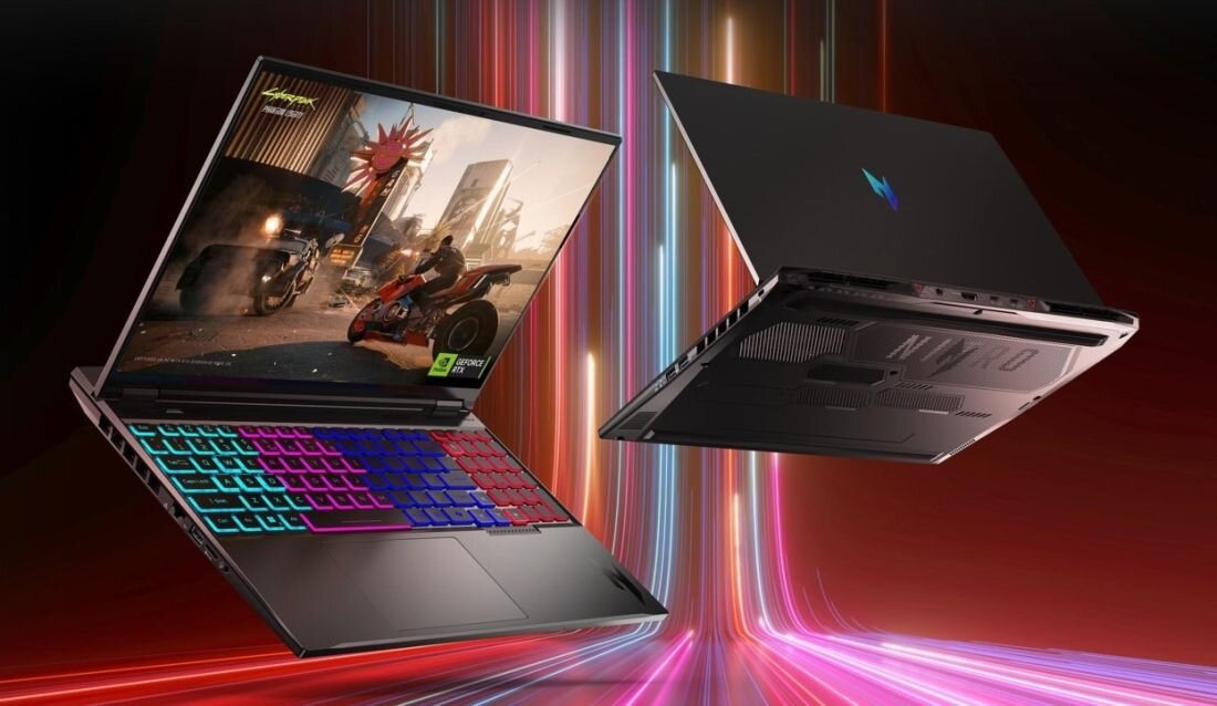 ACER Nitro laptop z podświetlaną klawiaturą RGB na tle linii świetlnych, prezentujący gamingowy design, szybkie Wi-Fi, wysoką wydajność sprzętową, gaming oraz wsparcie dla nowych technologii sieciowych - Port USB 4 Wi-Fi 6E 