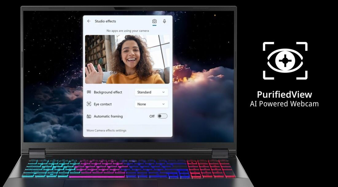 ACER Nitro laptop z włączoną sztuczną inteligencją PurifiedView AI Powered Webcam, ekran prezentujący efekty wideo takie jak rozmycie tła, korekcja kontaktu wzrokowego i auto-kadrowanie – nowoczesne narzędzia do wideokonferencji i streamingu - ACER PurifiedView  