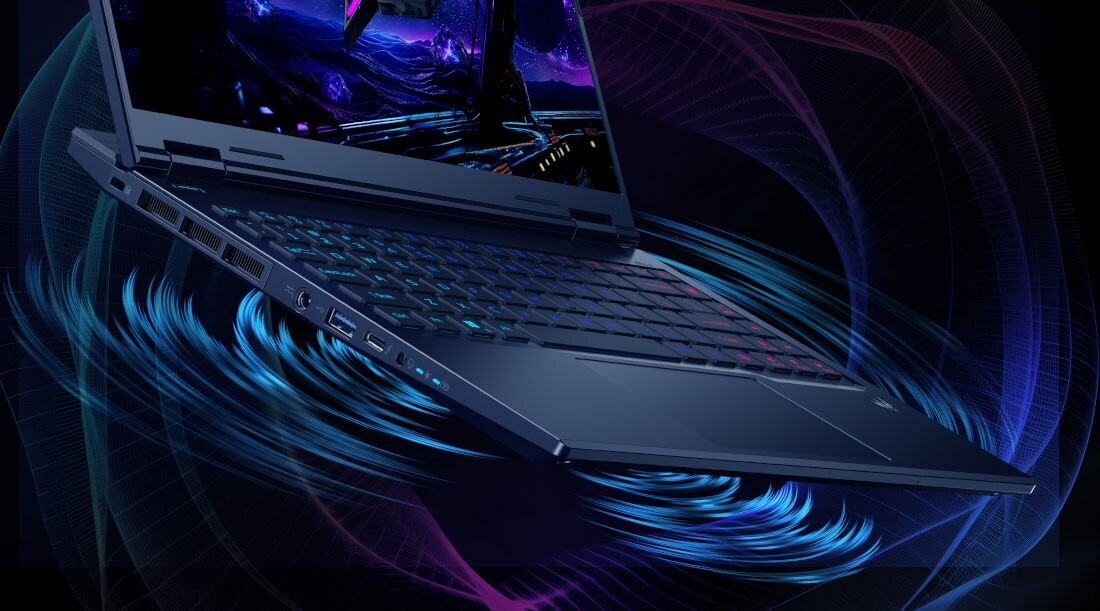 Profil boczny laptopa PREDATOR Helios Neo z widocznymi portami i podświetlaną klawiaturą RGB, futurystyczne tło z niebiesko-fioletowymi falami światła, zaawansowany system audio dla immersyjnego doświadczenia gamingowego, elegancka smukła sylwetka - System audio DTS:X Ultra  