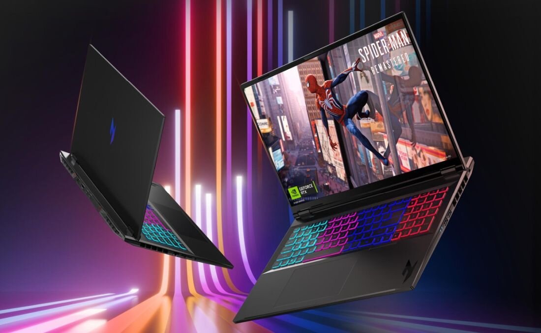 ACER Nitro laptop z podświetlaną klawiaturą RGB na tle linii świetlnych, prezentujący nowoczesny design, szybkie Wi-Fi, najwyższą wydajność sprzętową, gaming oraz wsparcie dla nowych technologii sieciowych - Port USB 4 Wi-Fi 6E 