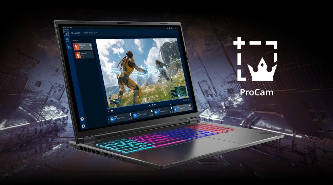 ACER Nitro laptop gamingowy z aktywnym oprogramowaniem Acer ProCam, ekran ukazujący analitykę rozgrywki drużynowej i podświetlaną klawiaturę RGB, rozwiązania ProCam do rejestracji i poprawy streamingu oraz analizy meczów - ACER ProCam  