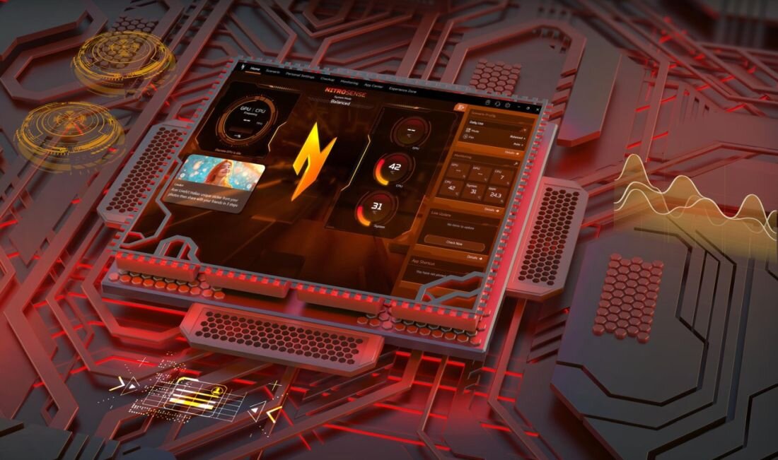 Grafika prezentująca pulpit aplikacji NitroSense na tle płyty głównej ACER Nitro, pokazująca monitorowanie pracy CPU/GPU, zarządzanie temperaturami, prędkością wentylatorów i wydajnością laptopa do gier - Oprogramowanie NitroSense 