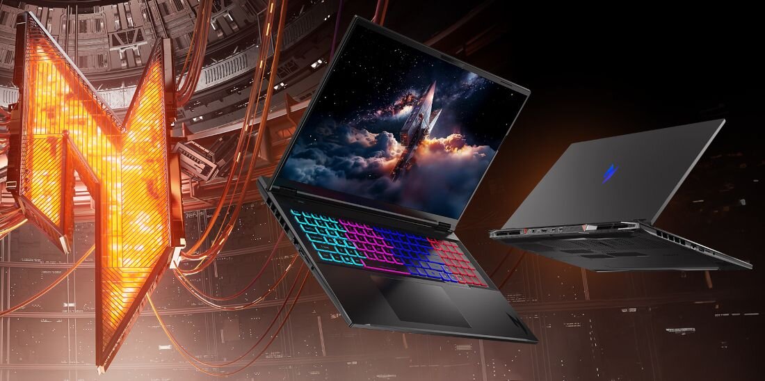 ACER Nitro laptop z charakterystycznym logo Nitro na intensywnym pomarańczowo-czarnym tle, podkreślający gamingowy charakter, wysoką wydajność sprzętową i zaawansowane chłodzenie dla graczy.      