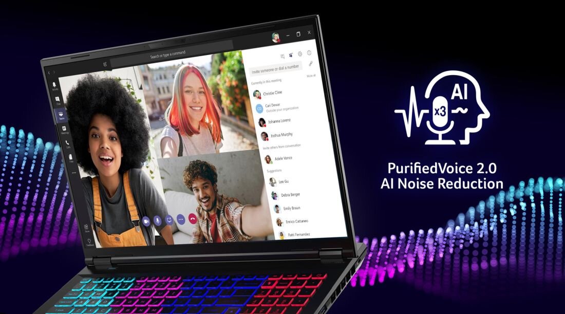 ACER Nitro laptop gamingowy z funkcją PurifiedVoice 2.0 AI Noise Reduction, ekran pokazujący wideorozmowę grupową oraz fale dźwiękowe w tle, podświetlana klawiatura RGB, zaawansowana redukcja szumów głosu dzięki AI, idealny do pracy hybrydowej i gamingu - ACER PurifiedVoice 2.0  