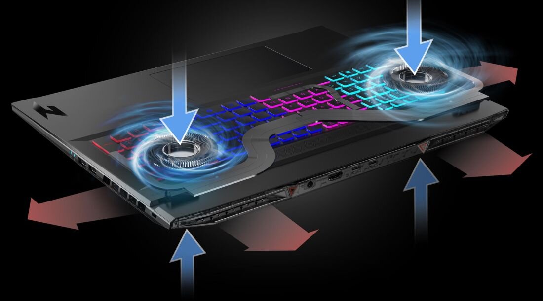 ACER Nitro laptop gamingowy z zaawansowanym systemem chłodzenia – wizualizacja dwóch wentylatorów i wielokanałowego przepływu powietrza, zapewniającego efektywne odprowadzanie ciepła podczas długich sesji gamingowych i wymagających zadań  - System chłodzenia