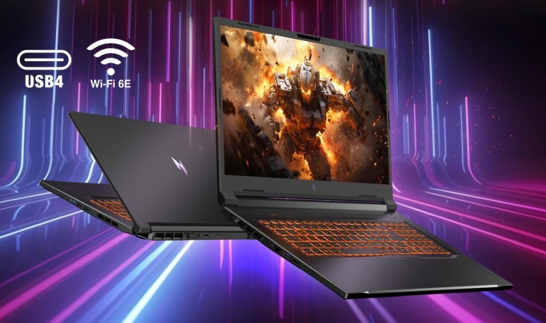 Dwa laptopy ACER Nitro z podświetlaną klawiaturą, oznaczeniem USB4 i Wi-Fi 6E, dynamiczne efekty neonowe fioletowo-różowe, wyświetlające eksplozje z gry oraz zaawansowaną łączność bezprzewodową do e-sportu - Wi-Fi 6E Port USB Type-C