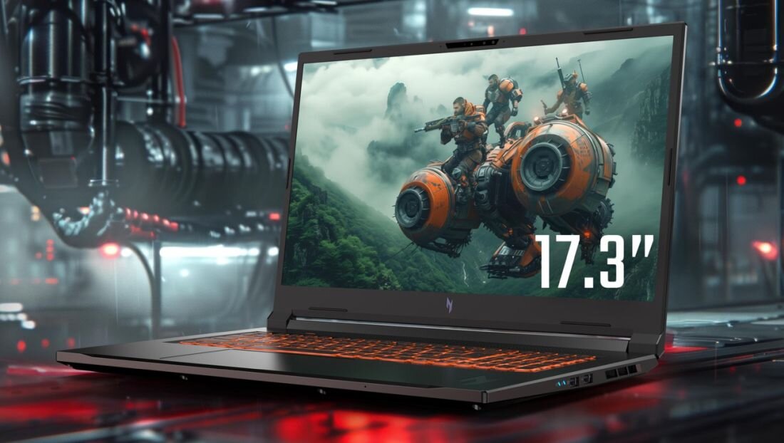 ACER Nitro laptop gamingowy z 17,3-calowym ekranem na futurystycznym tle przemysłowym, prezentujący dynamiczną scenę akcji z gry oraz podświetlaną klawiaturę pomarańczową, dobry do immersyjnego gamingu - Ekran 17,3