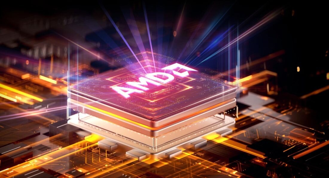 Dynamiczna wizualizacja nowoczesnego procesora AMD Ryzen, otoczona świetlnymi efektami, symbolizująca ultrawydajność i nowoczesne technologie komputerów gamingowych ACER Nitro - AMD Ryzen AI, Pamięć RAM DDR5 Dysk SSD 