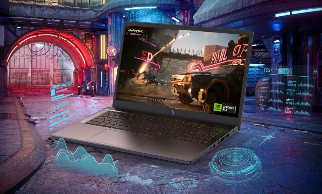 ACER Nitro V 15 gaming laptop w futurystycznym środowisku cyberpunk z neonowym oświetleniem czerwono-niebieskim i hologramami, pokazującym grę Cyberpunk 2077 z logo NVIDIA GeForce RTX i wykresami wydajności, demonstrującym ray tracing, DLSS i wysoką wydajność dla AAA gamingu w rozdzielczości Full HD - Opis serii Nitro V 16 AI