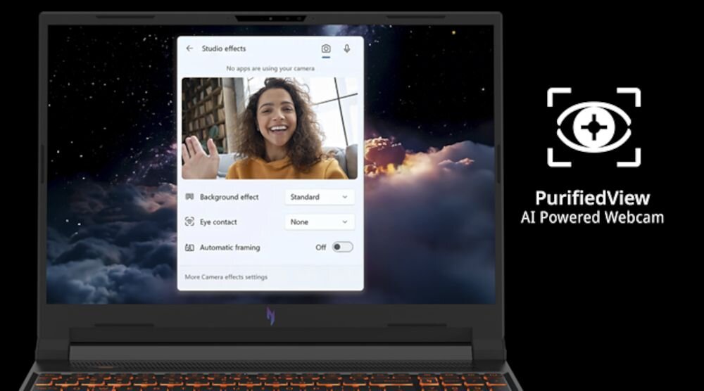 ACER Nitro laptop z podświetlaną klawiaturą, funkcja PurifiedView AI Powered Webcam, efekty wideo kamery internetowej, korekcja tła i auto-framing, idealne rozwiązanie do wideokonferencji i pracy zdalnej - ACER PurifiedView  