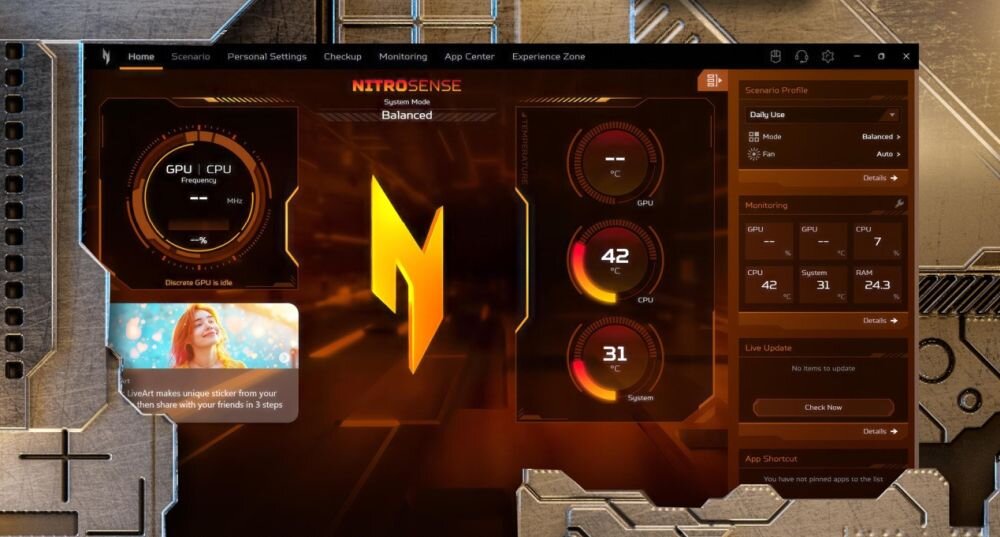 Panel sterowania Acer NitroSense z interfejsem Balanced Mode żółtym logo N i wskaźnikami temperatury GPU 42 stopni CPU 31 stopni System 24.3 na betonowym tle z futurystycznymi elementami - NitroSense  Experience Zone