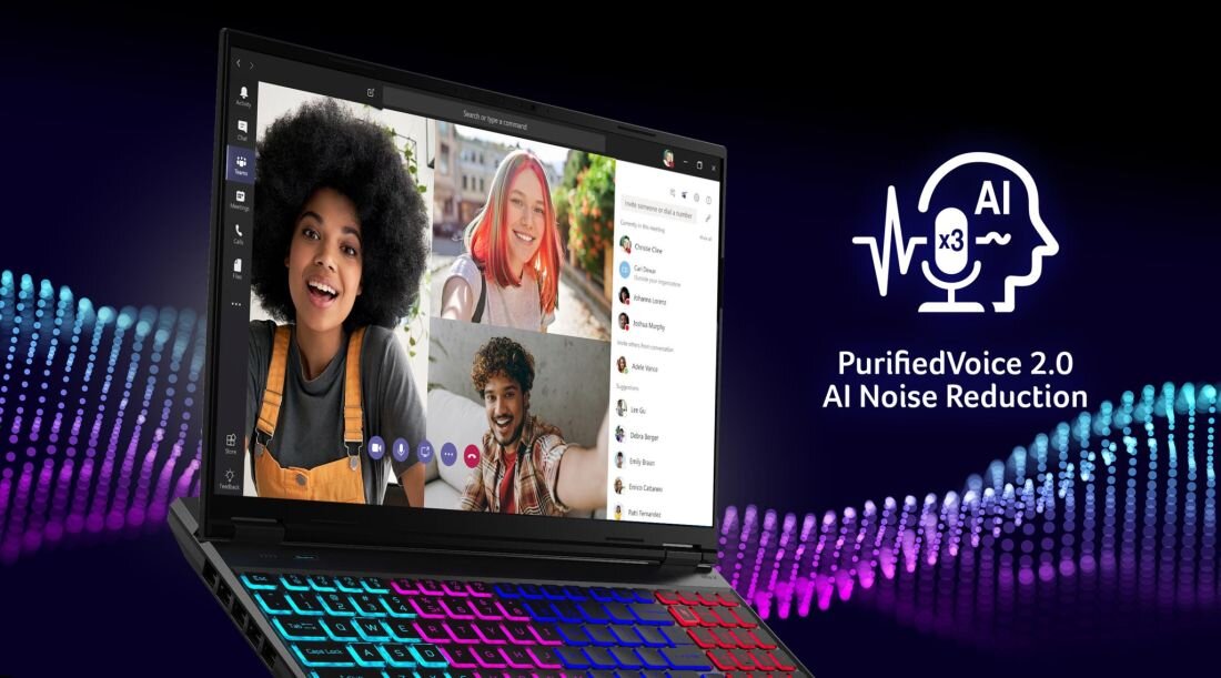 ACER Nitro laptop gamingowy z funkcją PurifiedVoice 2.0 AI Noise Reduction, ekran pokazujący wideorozmowę grupową oraz fale dźwiękowe w tle, podświetlana klawiatura RGB, zaawansowana redukcja szumów głosu dzięki AI, dobry do pracy hybrydowej i gamingu - ACER PurifiedVoice 2.0  