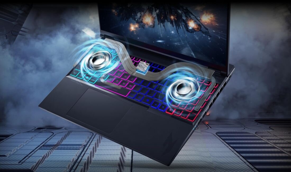 ACER Nitro laptop gamingowy z zaawansowanym systemem chłodzenia – wizualizacja dwóch wentylatorów i wielokanałowego przepływu powietrza, zapewniającego efektywne odprowadzanie ciepła podczas długich sesji gamingowych i wymagających zadań  - System chłodzenia