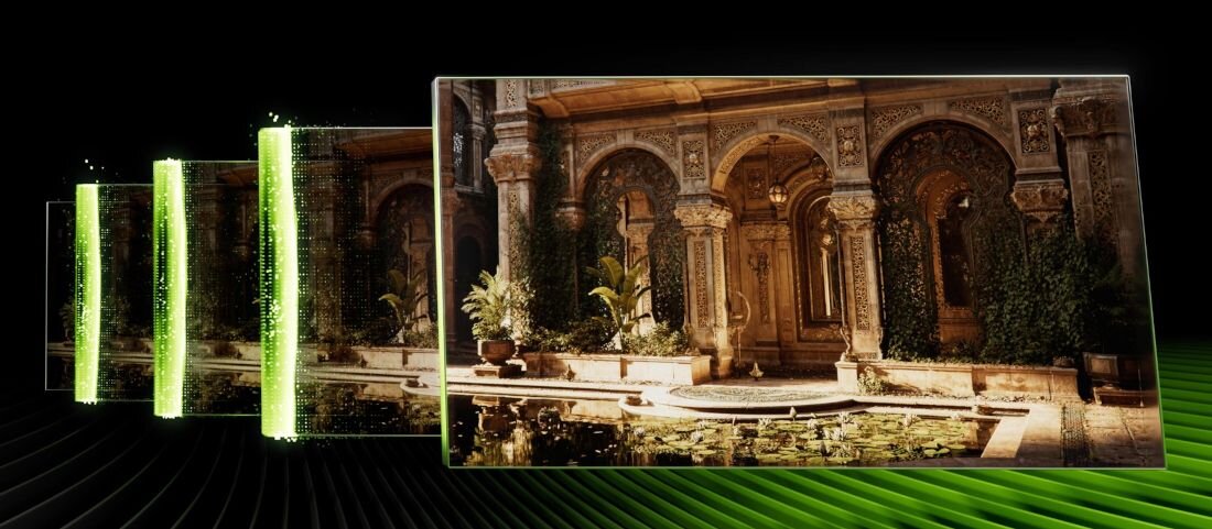 Trzy panele pokazujące architekturę starożytną z kolumnami łukami fontanną roślinami zielony kod matrycy AI DLSS rendering grafiki 3D ray tracing technologia NVIDIA GeForce RTX na czarnym tle z zielonymi liniami. - Karta graficzna NVIDIA GeForce RTX z serii 50 