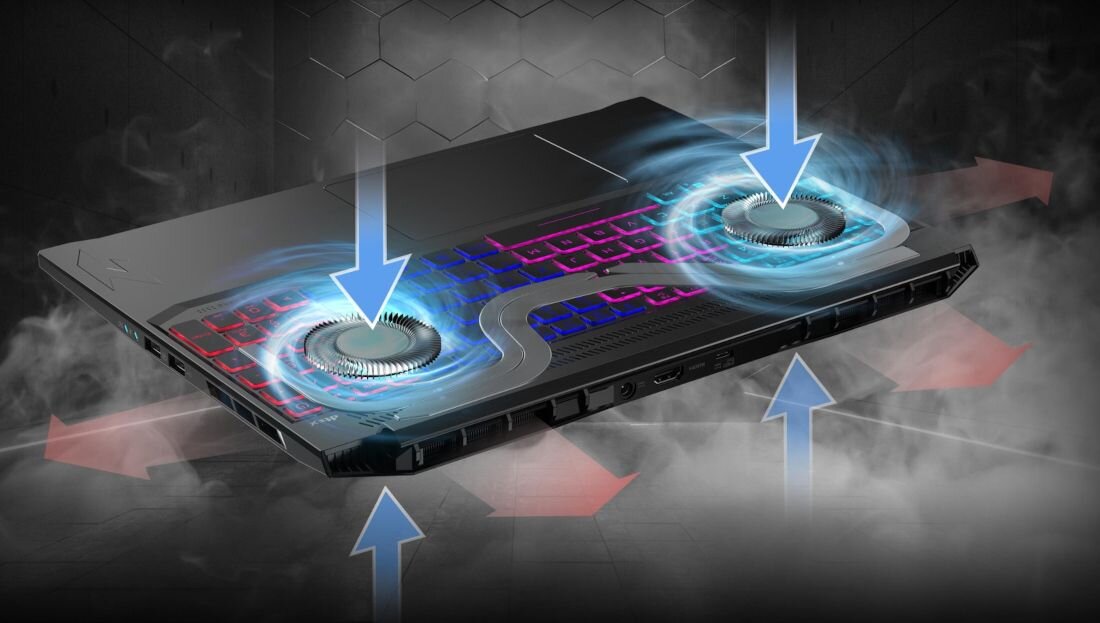 Laptop Acer Nitro z widokiem systemu chłodzenia dwa wentylatory cooling fans z RGB podświetleniem klawiatury cyan magenta czerwień niebieski niebieskie strzałki pokazujące przepływ powietrza heat pipes rurki cieplne na szarym tle z efektami dymu architektura termiczna - Skuteczne chłodzenie dwa wentylatory, cztery wloty i cztery wyloty 