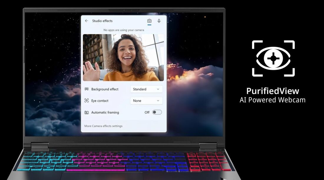 ACER Nitro laptop z włączoną sztuczną inteligencją PurifiedView AI Powered Webcam, ekran prezentujący efekty wideo takie jak rozmycie tła, korekcja kontaktu wzrokowego i auto-kadrowanie – narzędzia do wideokonferencji i streamingu - ACER PurifiedView  
