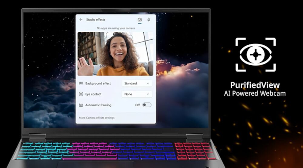 Obraz przedstawia laptop z kolorową klawiaturą, na ekranie którego widoczna jest aplikacja do efektów kamery z ustawieniami: Background effect - Standard, Eye contact - None, Automatic framing - Off. Obok laptopa znajduje się logo z napisem \'PurifiedView AI Powered Webcam\'.