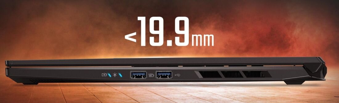 Obraz przedstawia boczny widok zamkniętego laptopa z widocznymi portami USB i otworami wentylacyjnymi. Nad laptopem znajduje się tekst \'<19.9 mm\'.