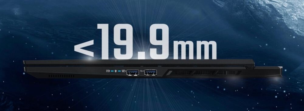 Obraz przedstawia profil cienkiego laptopa z tekstem \'<19.9mm\' na tle kosmosu. Widoczne są porty USB i HDMI na boku urządzenia.