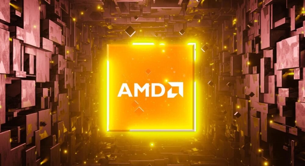 Logo AMD Ryzen w złotej żółtej pomarańczowej ramce z tunelem geometrycznych kształtów i świecących cząstek w tle - AMD Ryzen AI, System Copilot+ PC