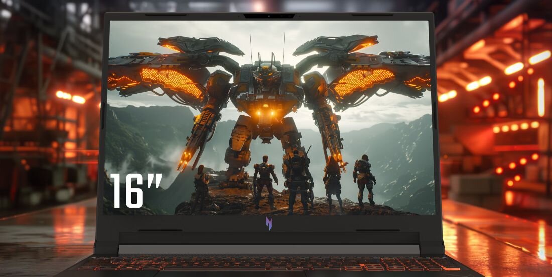 ACER Nitro gaming laptop z 16-calowym wyświetlaczem IPS prezentującym scenę bitwy z mechami na pomarańczowym tle industrialnym z efektami światła, demonstrujący rozdzielczość WUXGA 1920x1200, 144Hz odświeżanie, szerokie kąty widzenia i precyzyjną reprodukcję kolorów dla immersyjnego gamingu - Rozdzielczość 2560 x 1600px na matrycy IPS