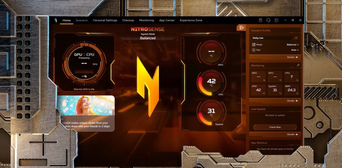 ACER Nitro gaming laptop z interfejsem NitroSense na pomarańczowym tle przemysłowym, pokazującym monitorowanie temperatury GPU 42°C, CPU 31°C, tryb Balanced, profile wydajności i kontrolę wentylatorów dla optymalnego zarządzania systemem podczas intensywnych sesji gamingowych - Oprogramowanie NitroSense